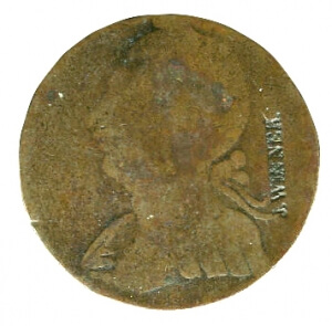 heavily worn colonial era copper coin with countermark