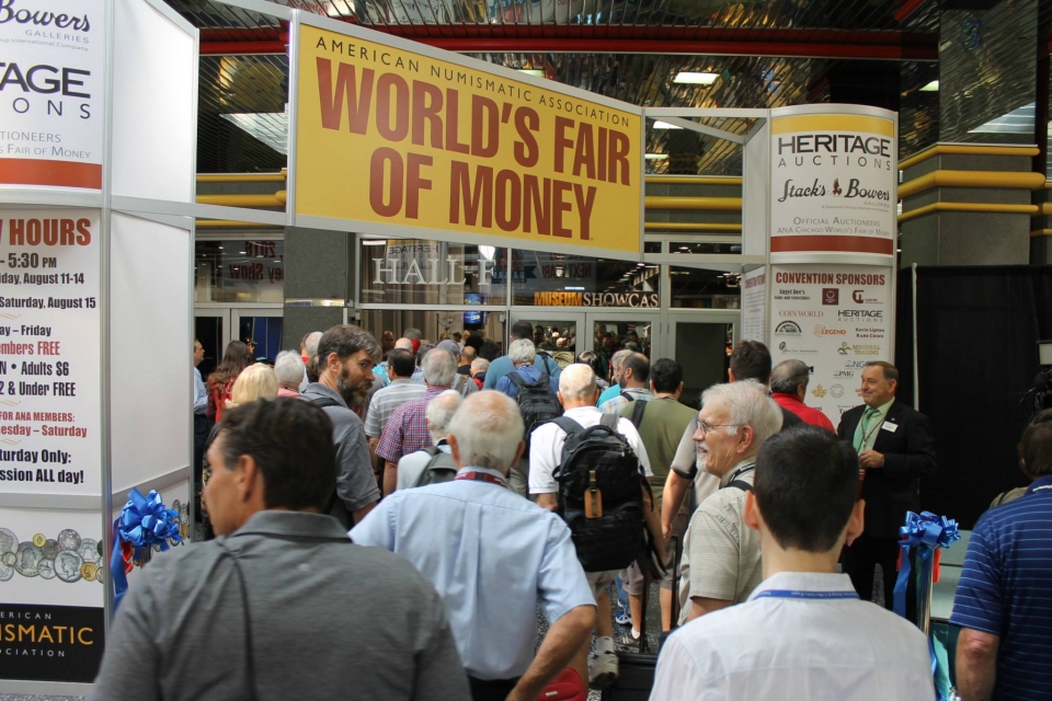 world&#39;s fair of money banner over crowd of people entering bourse floor