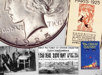 1925 peace dollar with other documents from that year, like the great gatsby and a newspaper