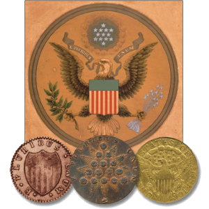 u.s. seal and three colonial coins