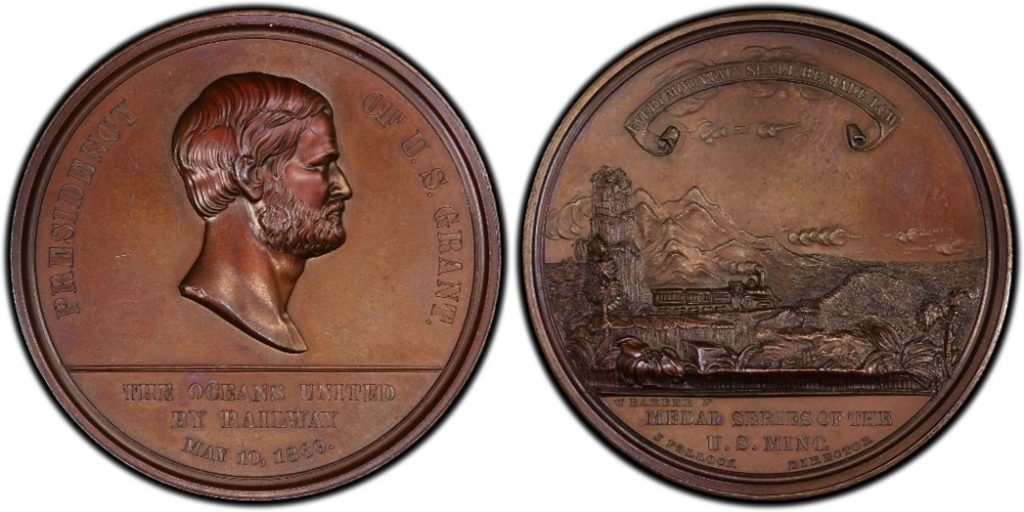 1869 medal depicting mountain scene with a steam engine